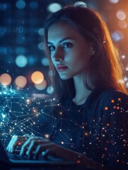 Poster - Attractive young caucasian businesswoman using laptop with abstract glowing big data blockchain interface on dark background. Cryptocurrency, finance, big data and information concept. Double exposur