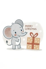 Sticker - cute elephant and giftbox merry christmas background