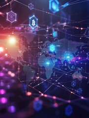 Poster - Blockchain technology futuristic hud background with world map and blockchain peer to peer network. Global cryptocurrency blockchain business banner concept.