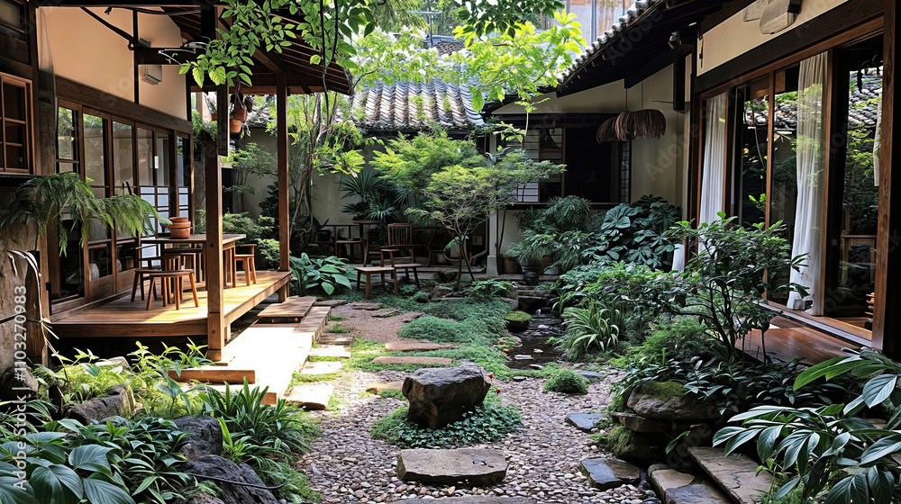 Traditional Japanese Courtyard Garden with Wooden Deck, Stone Path, and ...