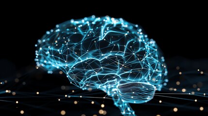 Poster - An abstract digital rendering of a brain with a glowing network of lines and dots.