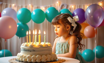 Cute little girl blows out candles on a birthday cake at home against a backdrop of balloons child's birthday birthday backdrop party anniversary banner design 