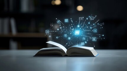 Fototapete - Radiant open book emitting glowing vibrant light from its pages symbolizing the power of education learning and the boundless imagination