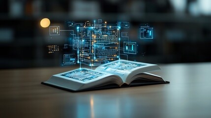 Aufkleber - Glowing open book with radiating pages spreading light and abstract futuristic patterns symbolizing innovation effective learning and digital transformation in the modern world
