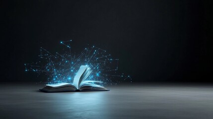Fototapete - Radiant open book with glowing luminous pages surrounded by digital glow trails and abstract light effects symbolizing the power of creativity imagination