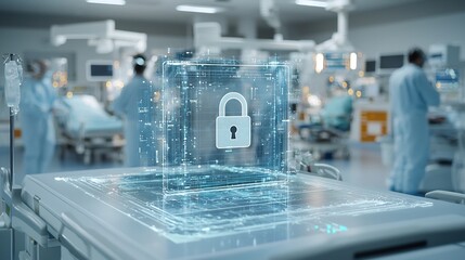 Poster - Close up view of a glowing digital lock on a hospital bed symbolizing the secure protection of sensitive healthcare data and patient privacy in a futuristic medical setting