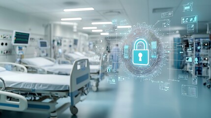Poster - Close up of a futuristic hospital bed with a glowing holographic lock symbol above it representing the advanced data protection technology in the healthcare industry of the future
