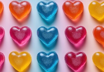 Wall Mural - Colorful Heart-Shaped Gelatin Treats in Various Shades Arranged Neatly for a Playful and Whimsical Background, Perfect for Celebratory Themes or Sweet Delights