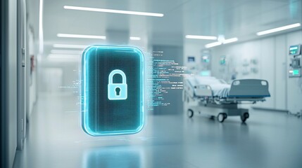 Poster - Futuristic Glowing Lock Hovering Near Hospital Bed with Streaming Digital Data Symbolizing Advanced Patient Data Security and Protection System