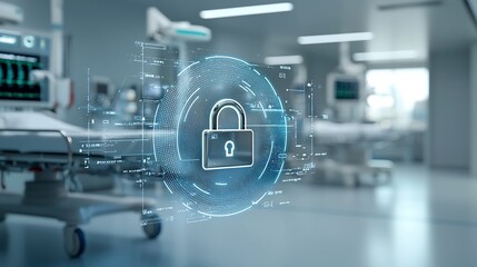 Poster - Futuristic glowing lock hovers near a hospital bed surrounded by digital data streams symbolizing advanced patient data security and protection in the healthcare industry