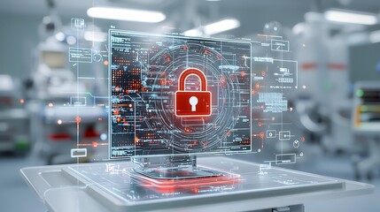 Poster - Close up of a glowing lock icon on a hospital bed representing the secure and private nature of healthcare data  The dynamic lighting effects add an abstract and conceptual feel to the image