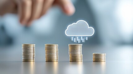 Poster - Radiant Cloud Symbol Hovers Above Pile of Golden Coins Symbolizing the Financial Efficiency and Cost Management of Cloud Computing Systems and Services