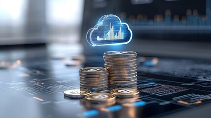 Poster - Radiant golden coin stack topped by a glowing cloud icon surrounded by holographic digital effects