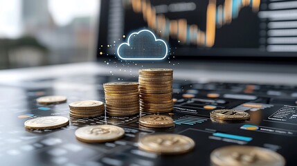 Leinwandbilder - A stack of shimmering golden coins topped by a glowing cloud icon surrounded by captivating holographic and digital effects representing the intersection of finance technology and cloud computing
