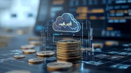 Poster - Glowing golden coin stack topped by a radiant cloud icon surrounded by holographic digital effects