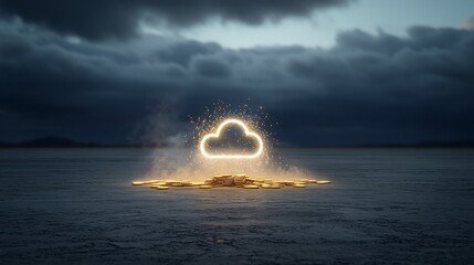 Leinwandbilder - Glowing cloud symbol emerging from a pile of golden coins surrounded by a futuristic abstract light backdrop