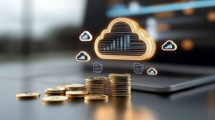Poster - Vibrant Glowing Cloud Symbol Hovering Over a Stack of Golden Coins with Abstract Light Effects Emphasizing Financial Budgeting and Cloud Computing Concepts