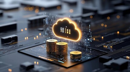 Poster - Futuristic digital cloud icon glowing on top of a neatly stacked pile of gold coins surrounded by holographic elements symbolizing advanced financial data management and cloud computing technologies