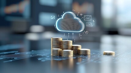 Poster - Radiant golden coins stacked in a pile with a glowing cloud icon above