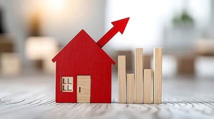 Poster - A golden arrow pointing upward on a red house model with wooden bars highlighted by the warm glow of golden hour lighting symbolizing growth opportunity