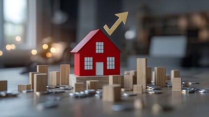Poster - Red House Model with Golden Upward Arrow Chart Surrounded by Wooden Bars and Warm Lighting Symbolizing Flourishing Real Estate and Financial Success