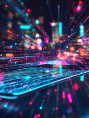 Poster - Close up of desktop with tablet and 5G network digital hologram and internet of things background. High speed internet concept. Double exposure