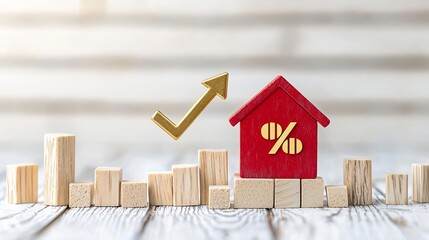 Poster - Warm golden hour lighting highlights a rising gold arrow with percent icon on a red house model