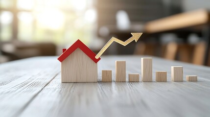 Poster - Symbolic Representation of Successful Financial Growth and Prosperity Illustrated by a Golden Arrow Rising Above a Wooden House Model with Illuminating Background