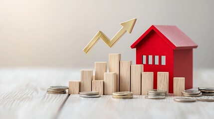 Leinwandbilder - a percent icon and a rising gold arrow on a red house model wooden bars representing growth under th