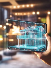 Poster - Close up of hand holding tablet with abstract digital smart home hologram on blurry living room interior background. Technology and innovation concept