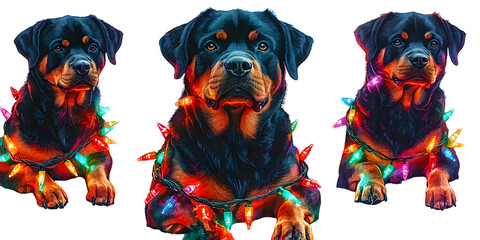 Wall Mural - Watercolor illustration of a Rottweiler dog wrapped in colorful Christmas lights, a perfect representation of holiday cheer and canine companionship. The dog is depicted in various festive poses, maki