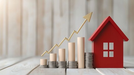 Poster - Golden arrow chart climbing upward on a red wooden house model bathed in the warm glow of golden hour light symbolizing growth and prosperity in real estate investment