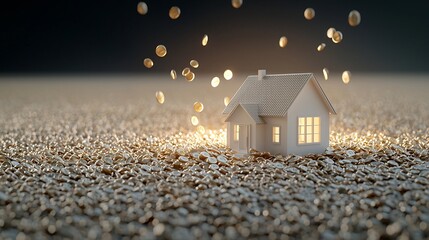 Poster - Miniature model house placed on a pile of golden coins with additional coins falling around it illuminated by warm golden hour lighting symbolizing real estate and investment opportunities