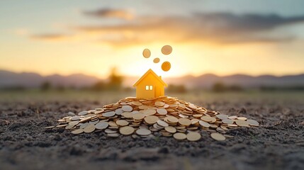 Poster - Conceptual real estate image depicting a small house model on a pile of glowing motion blurred coins against a serene golden hour light setting