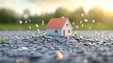Fototapete - Conceptual of real estate investment and financial growth featuring a small house resting on a pile of coins with coins dropping in a serene golden hour light setting