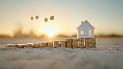 Aufkleber - A miniature model of a tiny house perfectly balanced on top of a stack of coins with additional coins falling in the background all illuminated by warm golden hour lighting