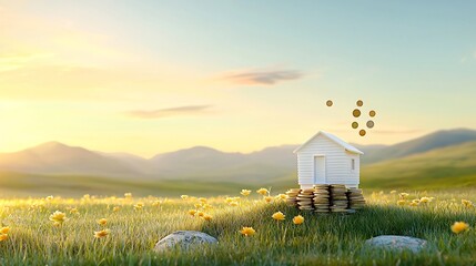 Aufkleber - Tiny house model perfectly balanced on top of a stack of coins with coins falling in the background illuminated by warm golden hour lighting