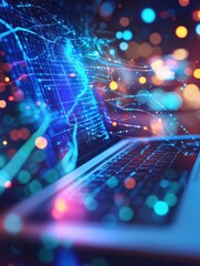 Poster - Close up of laptop with creative AI hologram on blurry background. Artificial intelligence, ai, technology and communication concept. Double exposure