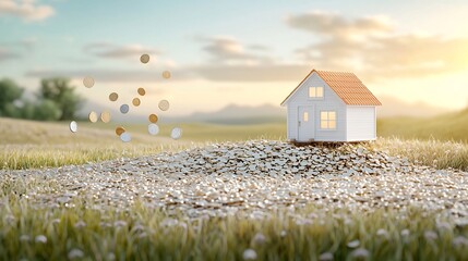 Poster - Tiny minimalist house resting on a pile of glowing golden coins with dynamic coins falling nearby