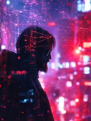 Poster - Creative 5G internet on night city background with connections. Web network concept. Double exposure.