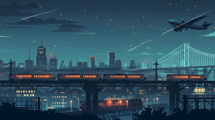 Wall Mural - A serene night cityscape featuring trains on a bridge, an airplane above, and a starry sky.