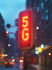Poster - Creative glowing 5G internet sign on city background. Speed and technology concept.