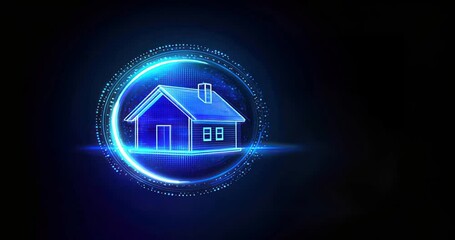 A glowing blue 3D house icon set against a technological background, highlighting innovation, real estate investment and trust in REIT platforms