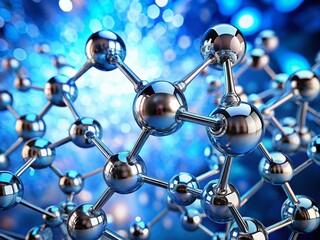 Poster - Abstract Molecular Structure in 3D with Shiny Chrome Atoms Against a Dreamy Blue Bokeh Background for Urban Exploration Photography