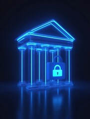 Poster - Glowing blue digital bank icon on blue backdrop with mock up place. Online banking and transaction concept. 3D Rendering