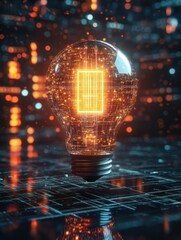 Poster - glowing circuit lamp on digital grid background. idea and innovation concept. 3d rendering.