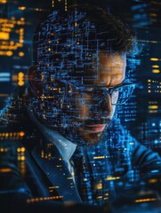 Poster - Hacker collects data about business people through neural networks. Web safety and cyberspace concept
