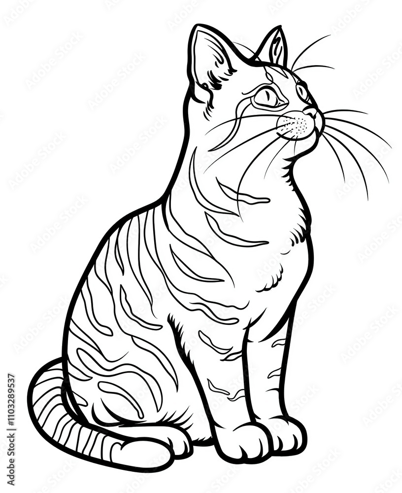Black and white line art illustration of a sitting cat with striped ...