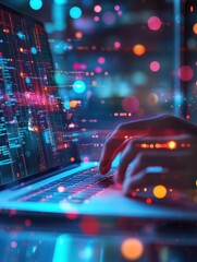 Poster - Hands using laptop on desktop with abstract 5G network hologram. Internet and web speed concept. Multiexposure.