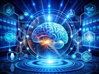 Poster - Abstract Technology Background in Blue Light Representing the Intersection of Medical Science and Human Healing with DNA Analysis and Future Innovations in Global Healthcare